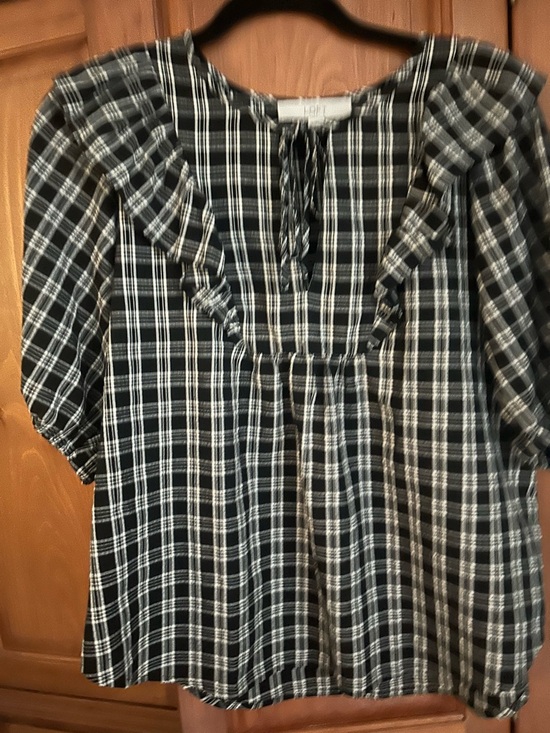LOFT Tops - LOFT Black and White Plaid Ruffle Tie-Neck Blouse